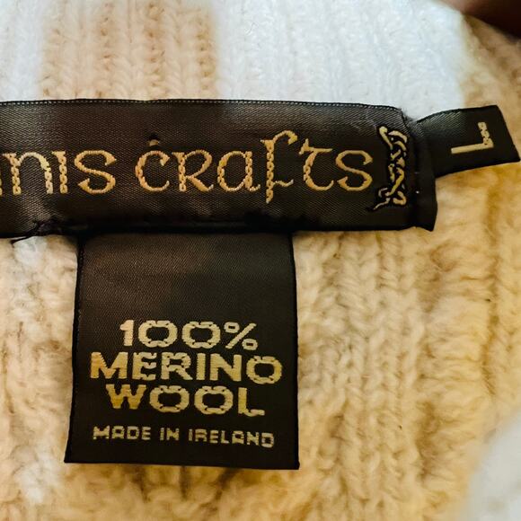 Inis Crafts Leather Tab Merino Wool Sweater Nordic Cable Knit Cream Thick Knit L - Picture 6 of 6